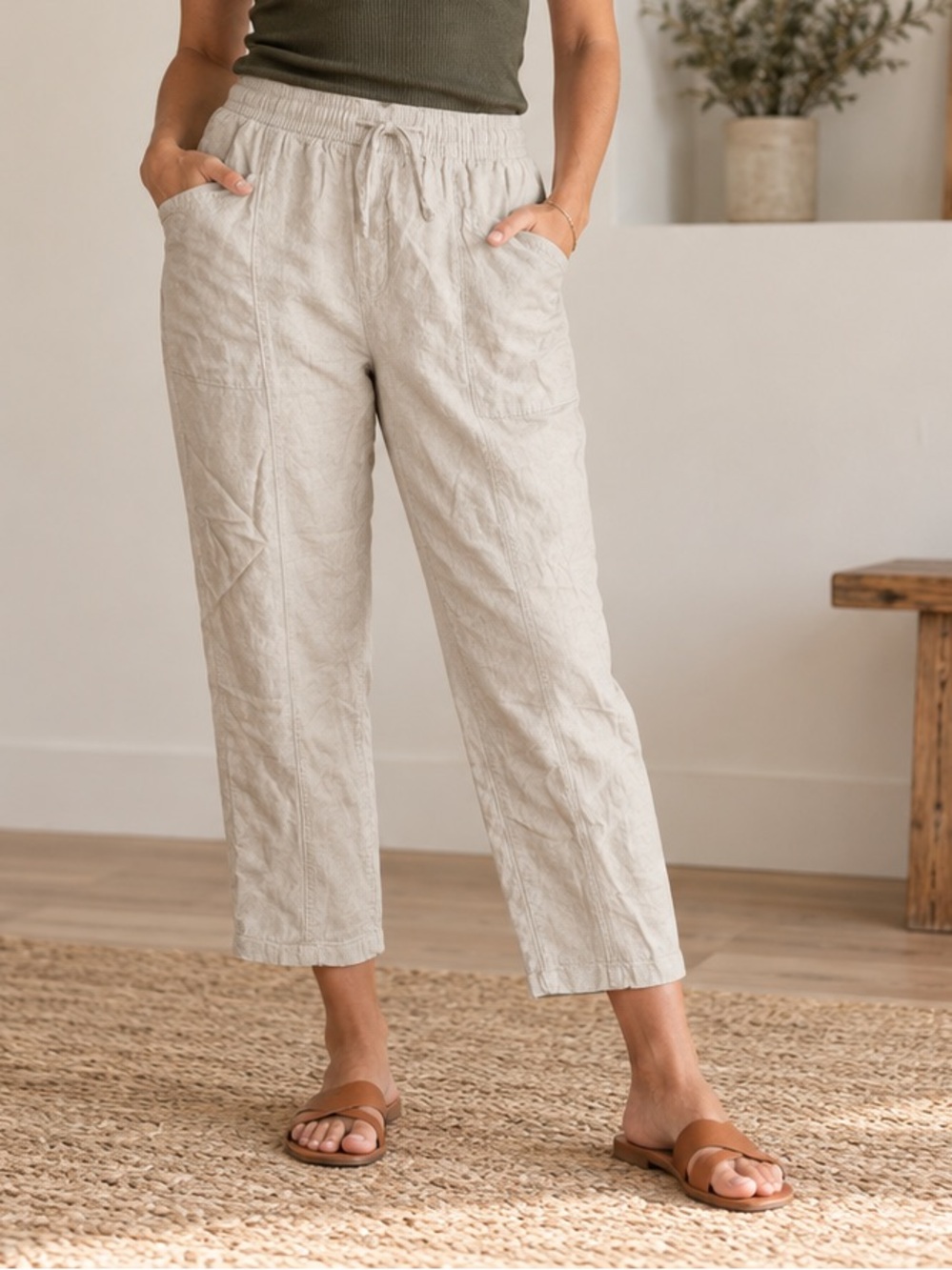 Linen Blend Pull-On Crop Pants Women’s 32 Natural Beige
